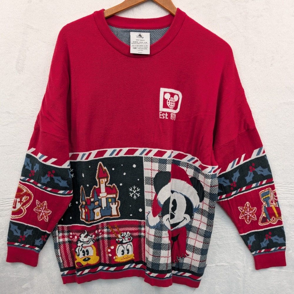 Disney Spirit Jersey Sweater Men's M Red Knit Mickey & Friends Holiday Christmas